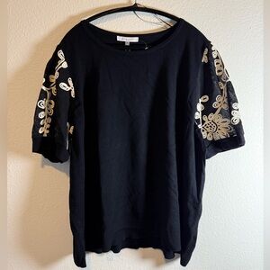 Sioni Black Knit Top With Embroidered Mesh Puff Sleeves, Size 3X, NWT